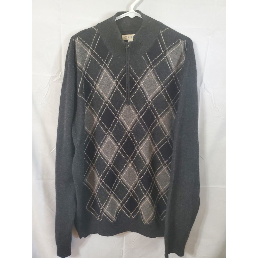 John W Nordstrom Cashmere Sweater Size XL Argyle 1/4 Zip Black Gray Mock Neck